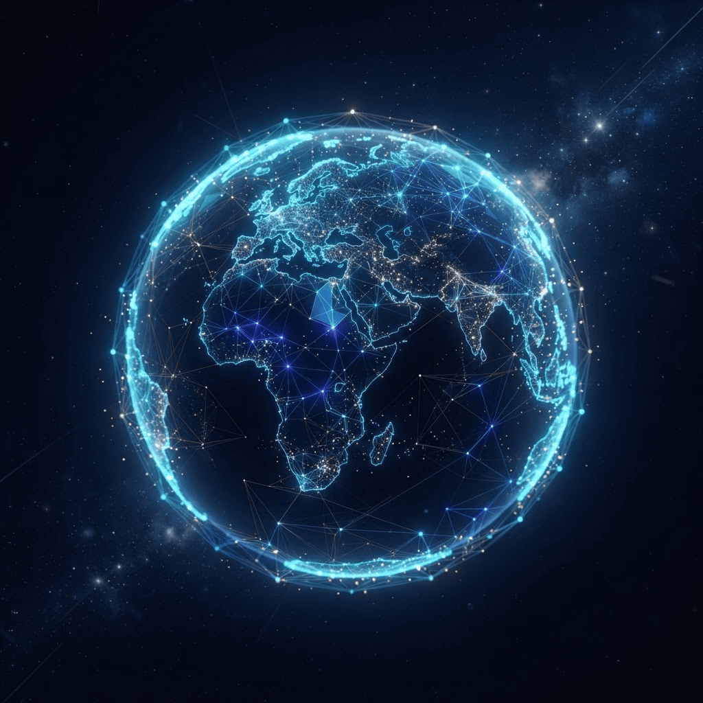 Glowing digital globe connected by blockchain network lines