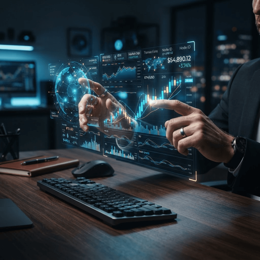 Hands interacting with a holographic interface showing blockchain data visualizations